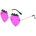 Lunettes de soleil de fête roses en forme de fraise sans monture avec détails de feuilles vertes - Monture Dorée Violet-Rouge