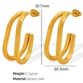 Golden double-hoop U-shaped geometric earrings in stainless steel with 30.7mm height - Double-Ring Geometric U-Shape (EH483 Gold Earrings)