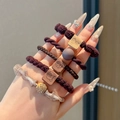Elastic hair ties in woven brown and gold fabric with cute animal tags and bead charms - Five-Piece Set / 11# Dark Coffee Rabbit (Approx 6cm)
