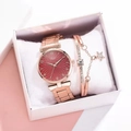 Elegant rose gold women's watch with red dial and matching star pendant bracelet set - Watch + Bracelet + Gift Box Set / Red