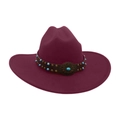 Western wine red felt jazz hat with turquoise beaded leather band and vintage buckle - One Size / Burgundy