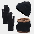Set invernale da 3 pezzi con cappello nero, guanti e scaldacollo foderato in pile per esterno - Nero