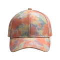 Detail of colorful tie-dye cotton baseball cap with six-panel structure and curved brim - Tie-Dye Orange Yellow