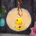 Cute yellow duck keychain with crown, colorful rhinestones, pearls and a beige pompom - Single OPP Bag Packaging / Yellow Duck + Beige Plush Ball