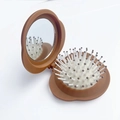 Portable brown folding hairbrush with integrated round mirror and soft massage bristles - Coffee Cloud Folding Hairbrush