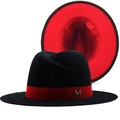 Cappello fedora in lana nero e rosso con fibbia in metallo M e tesa larga alla moda - M (56-58cm) / Rosso e Nero