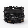 Set bracciale multistrato in pelle da uomo con perline nere e ciondoli in legno vintage - Nero