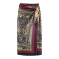 Elegante gonna a portafoglio con stampa paisley bordeaux e blu navy in raso di seta - XS / Come mostrato