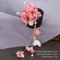 Pink silk rose hair clip with long golden tassels and pearl beads for Hanfu outfits - Gradient Pink Purple