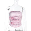 Close-up detail of pink abstract marble print and side pleats on a strapless tube top - S / Pink Tie Dye