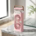 Pink portable mini mist fan with dual outlets and leather handle for cooling - Desktop Misting Fan / Pink / Plug-in (No Battery)