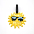 Yellow sun luggage tag with sunglasses and Beach Please text made of soft PVC - Sun Style
