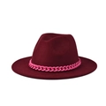Close-up of wine red fedora hat featuring a vibrant neon pink plastic chain decoration - One Size (54-60cm) / Wine Red (13)