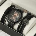 Detail of men's square watch with leather bracelets and Tree of Life charm in a gift box - HK044 Watch & Bracelet Collection (Without Box) / Black
