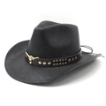 Black straw western cowboy hat with leather band, gold bull head and metal rivets - M (56-58cm) / Black
