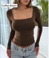 Chic coffee brown Y2K square neck long sleeve slim fit top for women casual wear - XS / Brown