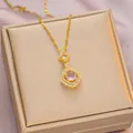 Elegant 18K gold plated titanium necklace featuring a pink gemstone pendant on purple satin - 6057 Layered Square Zircon / Gold Pink Zircon