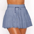 Dusty blue tiered lace mesh mini skirt with elastic drawstring waist and inner shorts - M / Grey Blue