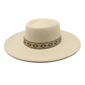 Detail of beige wide brim wool fedora hat with ethnic woven band for winter fashion - M (56-58cm) / Beige