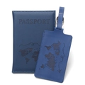 Dark blue PU leather passport holder and luggage tag set with world map pattern - Set / Dark Blue