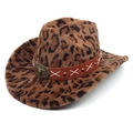 Leopard print faux fur western cowboy hat with vintage metal bull head buckle decoration - M (56-58cm) / Dark Brown Straight Crown