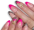 Detail of almond press-on nails featuring 3D cherry art and leopard French tips - Cherry & Leopard French Style (DS110)