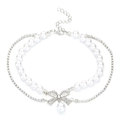 Double-layered pearl and rhinestone bow necklace in silver finish with adjustable chain - Alloy/Faux Pearl/Rhinestone / Bowknot Pearl Double Layer Bracelet