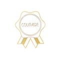 Golden and white medal enamel pin badge featuring the engraved word COURAGE on white background - Gold / COURAGE
