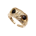 Exaggerated golden owl open ring with realistic colored eyes and detailed relief carving - Adjustable Open / Coffee