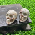 Carved 2.8cm natural crystal stone skull with red marble textures on wood base - Red Grid Jasper