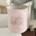 Pink laundry basket with teddy bear print and rope handles for home organization - Twin Bears