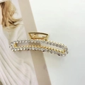 Elegant gold-plated metal hair claw clip with double rows of white rhinestones - Rectangle Rhinestone Style (F-004)