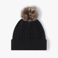 Bonnet en tricot noir pour femme avec pompon en fausse fourrure brune et torsades - Réglable / Noir (24B014)