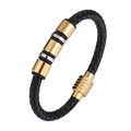 Bracelet en cuir tressé noir avec perles cylindriques en métal doré et argenté et fermoir aimant - 20.5cm / Or-Acier