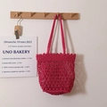 Handmade magenta cotton crochet shoulder bag with hollow macramé diamond mesh design - Rose Red