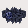 Navy blue elastic wide waist belt for women featuring three layered fabric 3D flowers - 62cm / Dark Blue