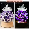 Purple agate night light with crystal cluster on wood base, shown lit and unlit - Purple Agate + White Crystal Cluster