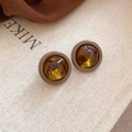 Macro shot of vintage resin geometric earrings with brown amber texture and smooth border - Round Amber Texture Jewelry (72#)