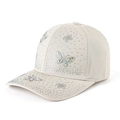 Détail de strass étincelants en forme de papillon sur une casquette de baseball beige - Poche zippée