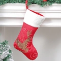 Red satin Christmas stocking with gold sequin reindeer and white faux fur trim - Red Reindeer