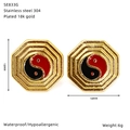 Detail view of 18k gold plated 304 stainless steel octagon yin-yang earrings at 18mm size - Red and Black Tai Chi Yin Yang Octagon Style (SE833G)