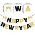 Black and gold glittery Happy New Year banner with champagne glass icons and dimensions - New Year Black Gold Cheers Letter Banner