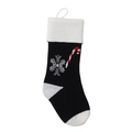 Black knitted Christmas stocking featuring white snowflake and candy cane patterns - Three-color Candy Cane