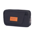 Men's black canvas belt waist bag featuring multi-layer storage and sport leather patch - Black Horizontal 3 Layers