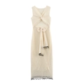 Abito lungo beige in maglia a rete senza maniche con schiena scoperta e nappine nere - XS / Bianco latte