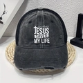 Distressed grey baseball cap with Jesus Saved My Life print and breathable mesh back - Black