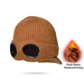 Brown knitted earmuff beanie with built-in goggles and warm fleece lining detail - Caramel