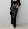 Detail of high-waist leather skirt with front slit and belt with silver buckle - S / Bottoms / Black