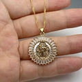 Macro shot of gold San Benito medal pendant with white mother of pearl and cubic zirconia - Style F-St. Benedict Mother of Pearl Round