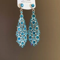 Elegant long pear-shaped silver drop earrings with blue crystal pavé accents - Blue Rhinestone Long Style / Silver/Blue
